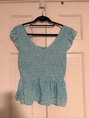 Draper James Aqua Floral Peplum Top with V-Neck